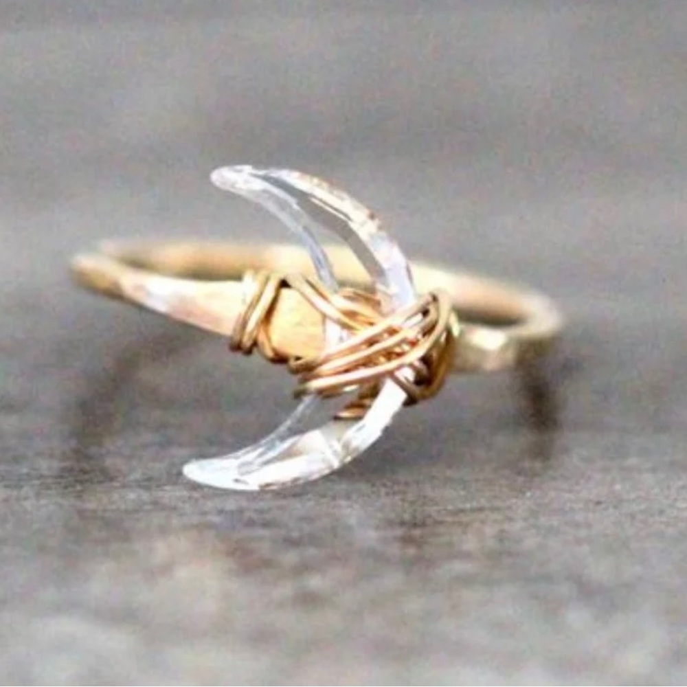 Gold Crystal Quartz Moonbeam Crescent Moon Ring